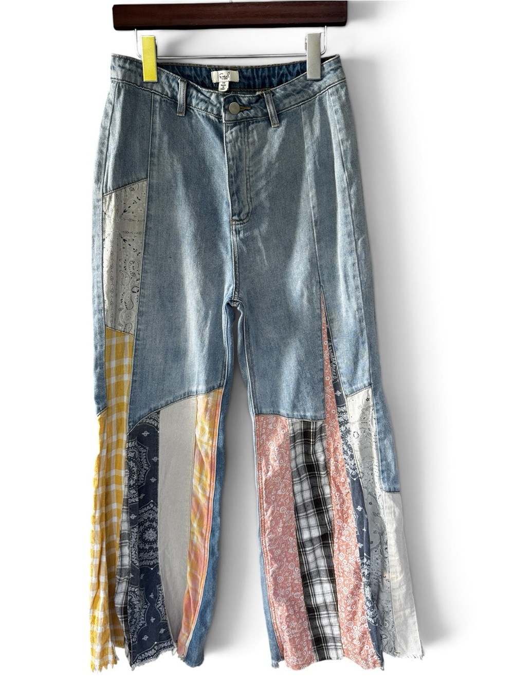Easel Patchwork Jeans Wide Leg Bandana Plaid Boho Festival size m